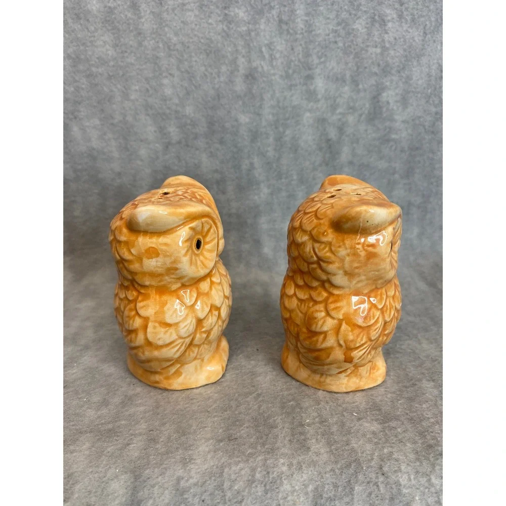 Vintage Ceramic Owl Salt Pepper Shakers Orange Glaze Kitchen Decor‎